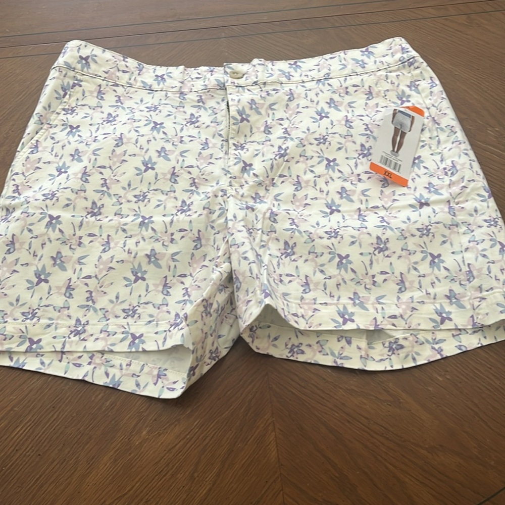 NWT Jach’s Girlfriend Stretch Chino Shorts Blue Pink Purple Botanical Print - Picture 4 of 14